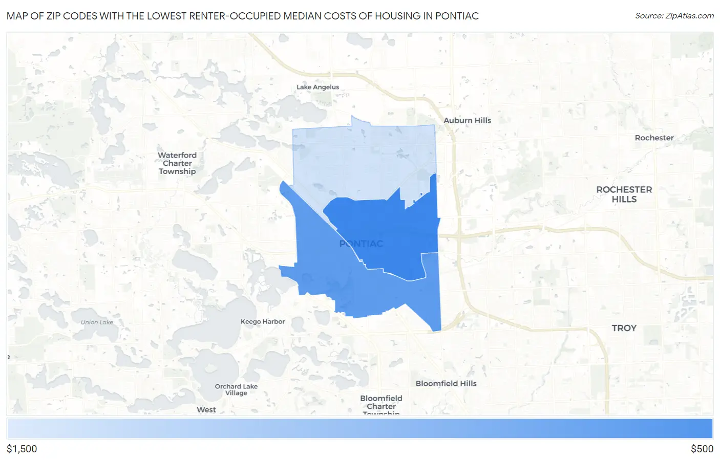 Zip Codes with the Lowest Renter-Occupied Median Costs of Housing in Pontiac Map