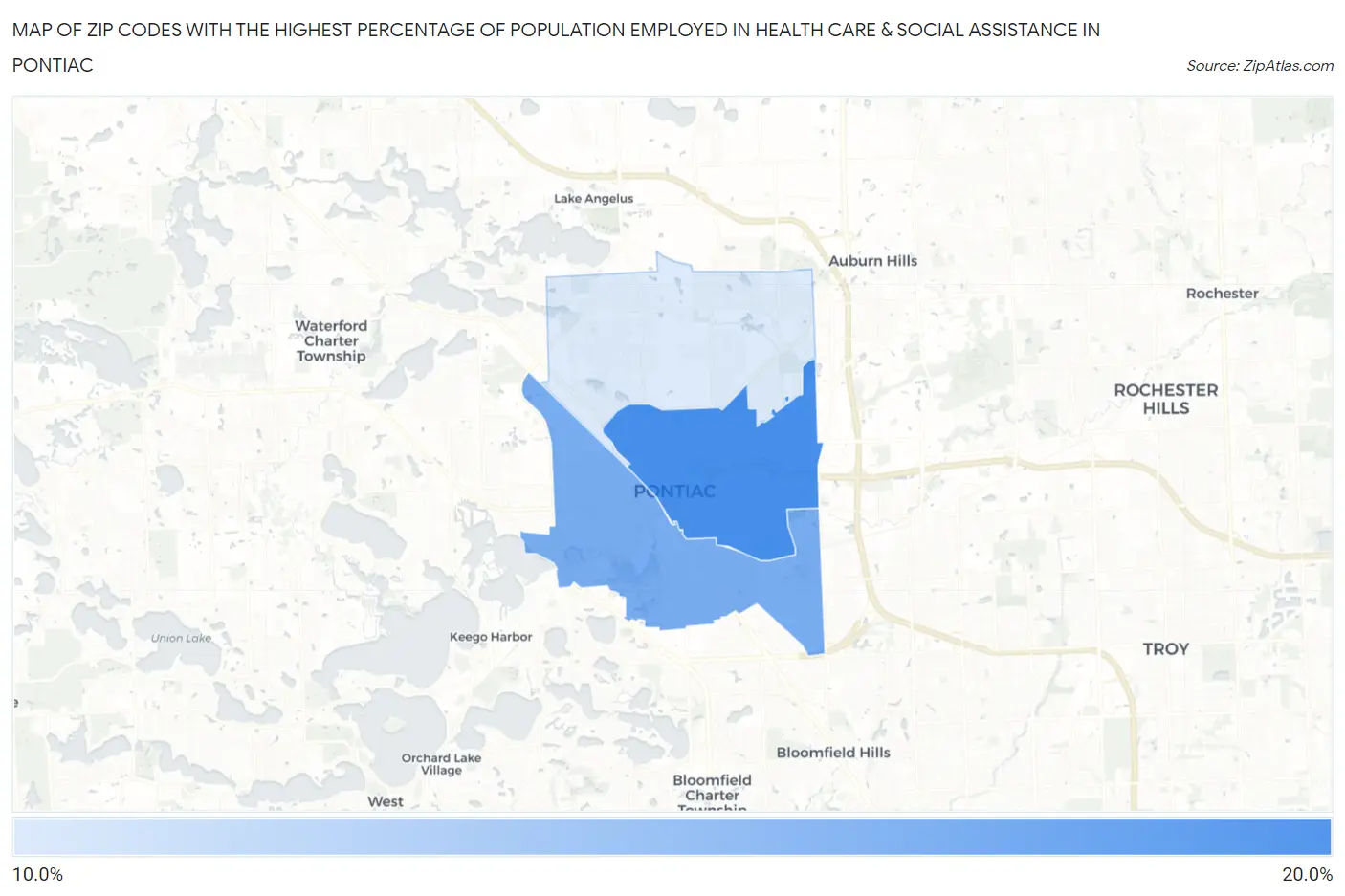 Zip Codes with the Highest Percentage of Population Employed in Health Care & Social Assistance in Pontiac Map