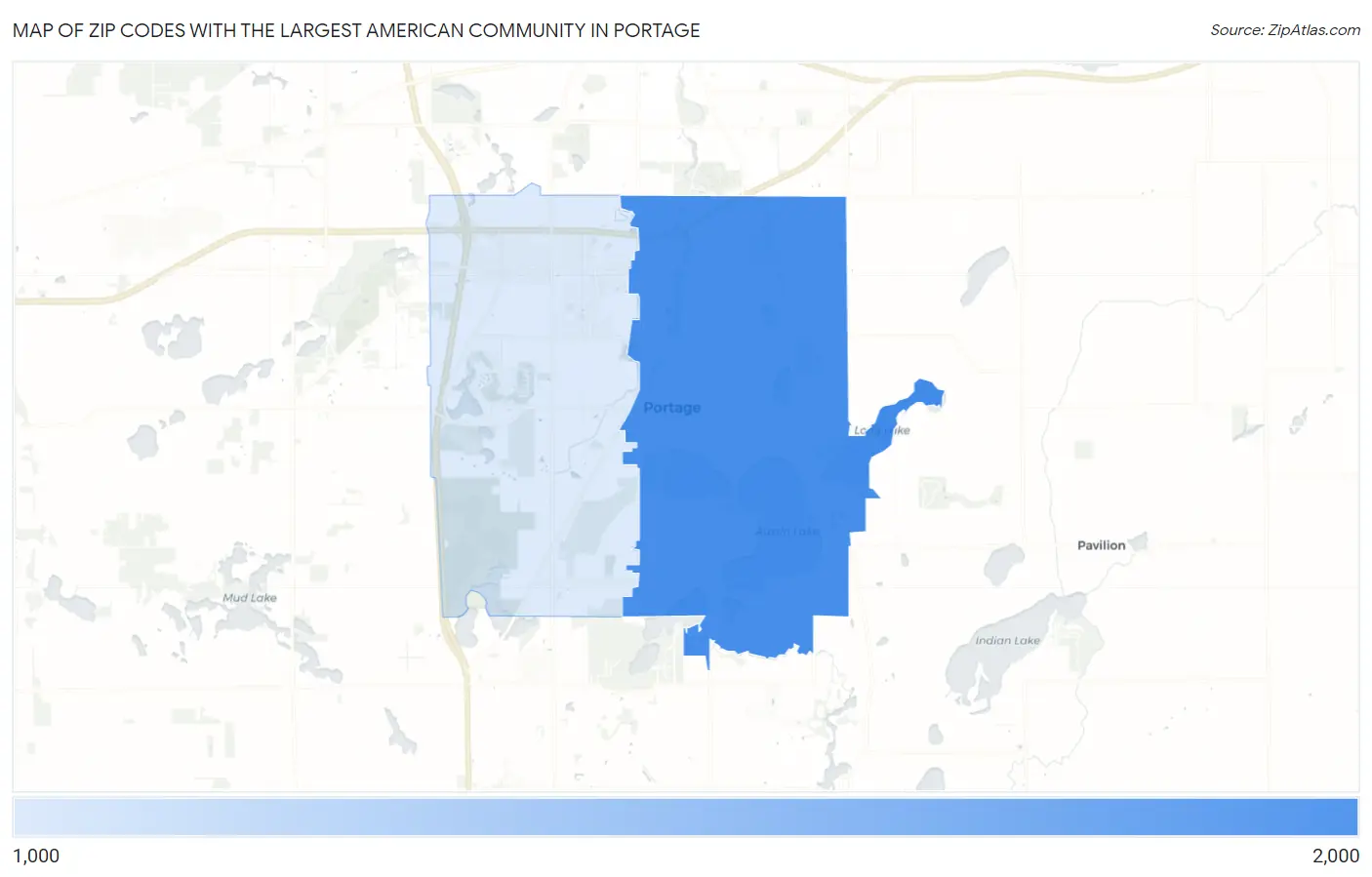 Zip Codes with the Largest American Community in Portage Map