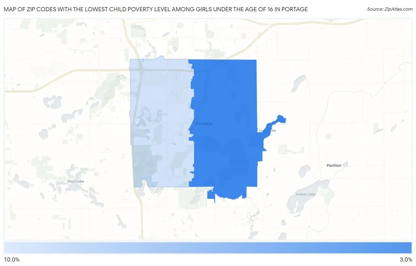 Zip Codes with the Lowest Child Poverty Level Among Girls Under the Age of 16 in Portage Map