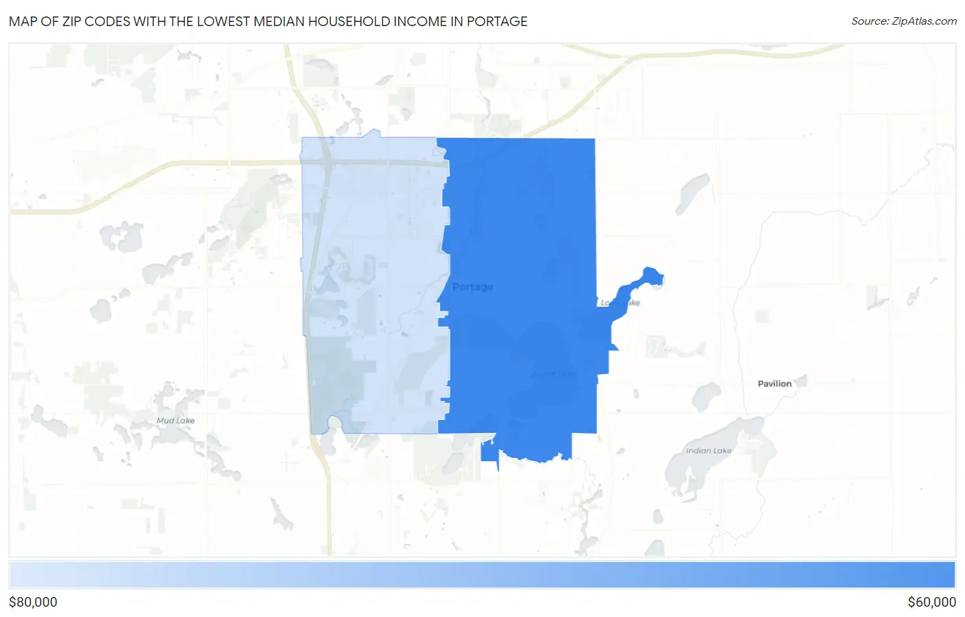 Zip Codes with the Lowest Median Household Income in Portage Map