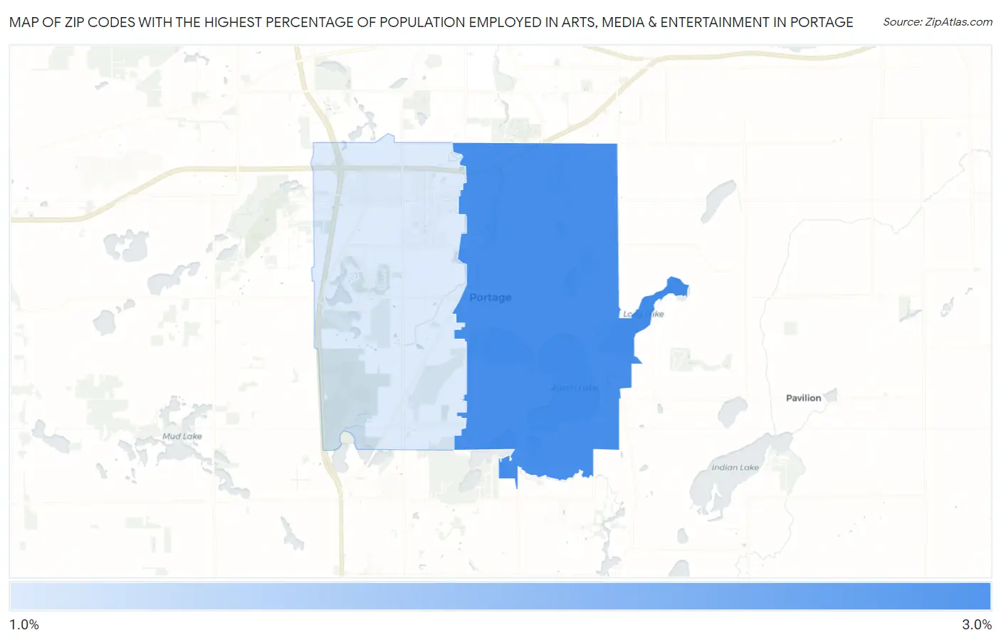Zip Codes with the Highest Percentage of Population Employed in Arts, Media & Entertainment in Portage Map