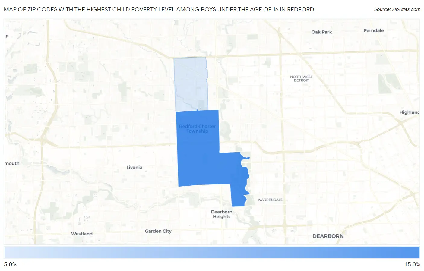 Zip Codes with the Highest Child Poverty Level Among Boys Under the Age of 16 in Redford Map