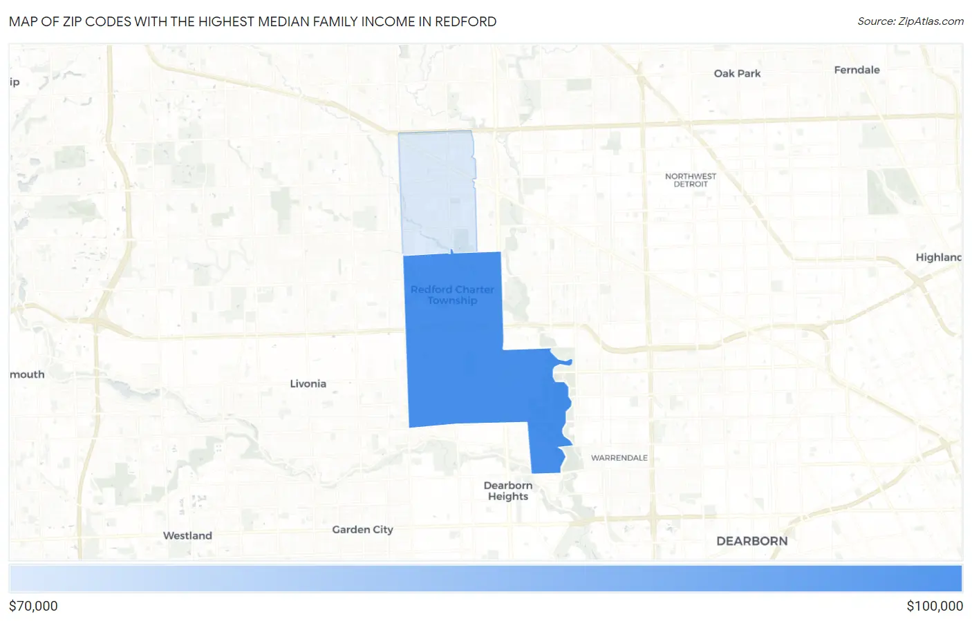 Zip Codes with the Highest Median Family Income in Redford Map