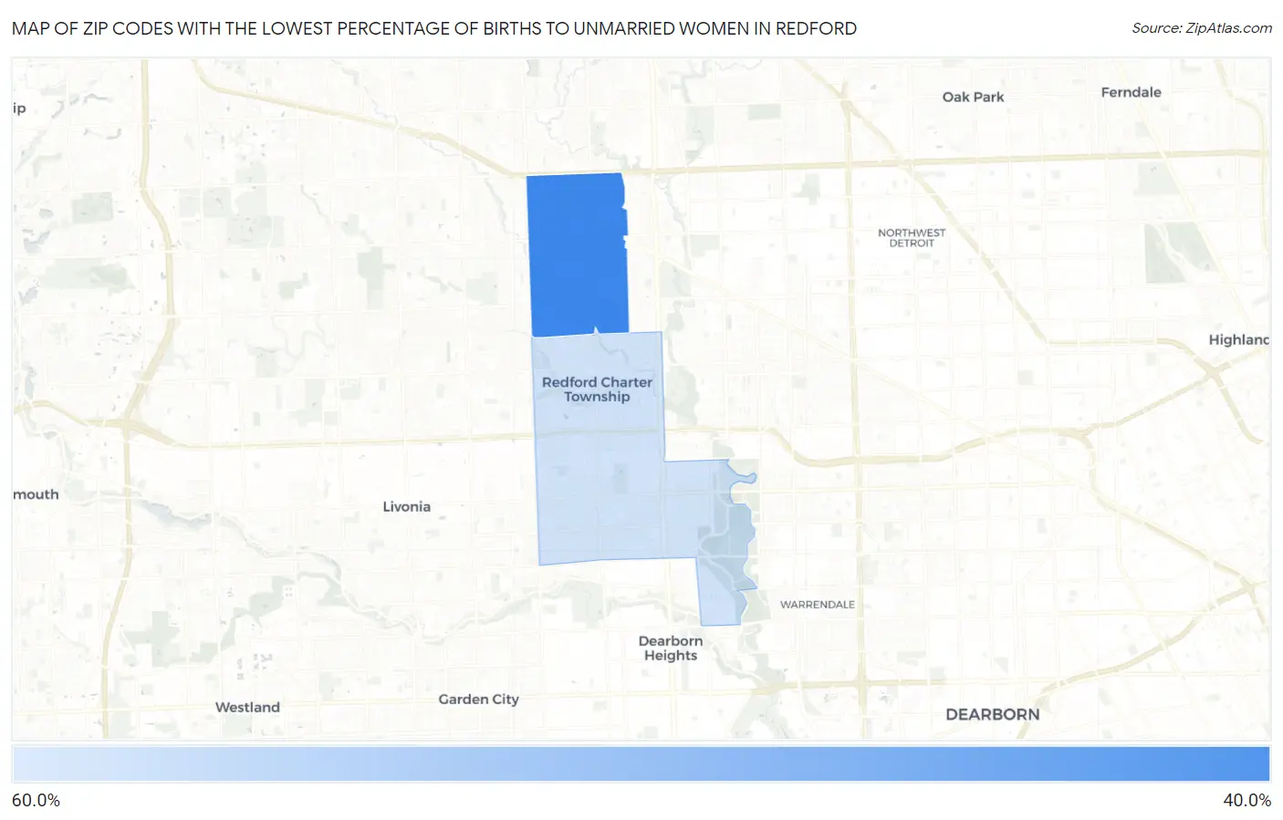 Zip Codes with the Lowest Percentage of Births to Unmarried Women in Redford Map