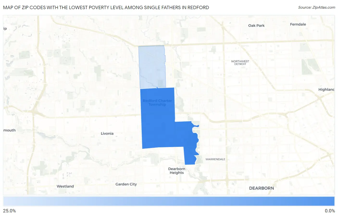 Zip Codes with the Lowest Poverty Level Among Single Fathers in Redford Map