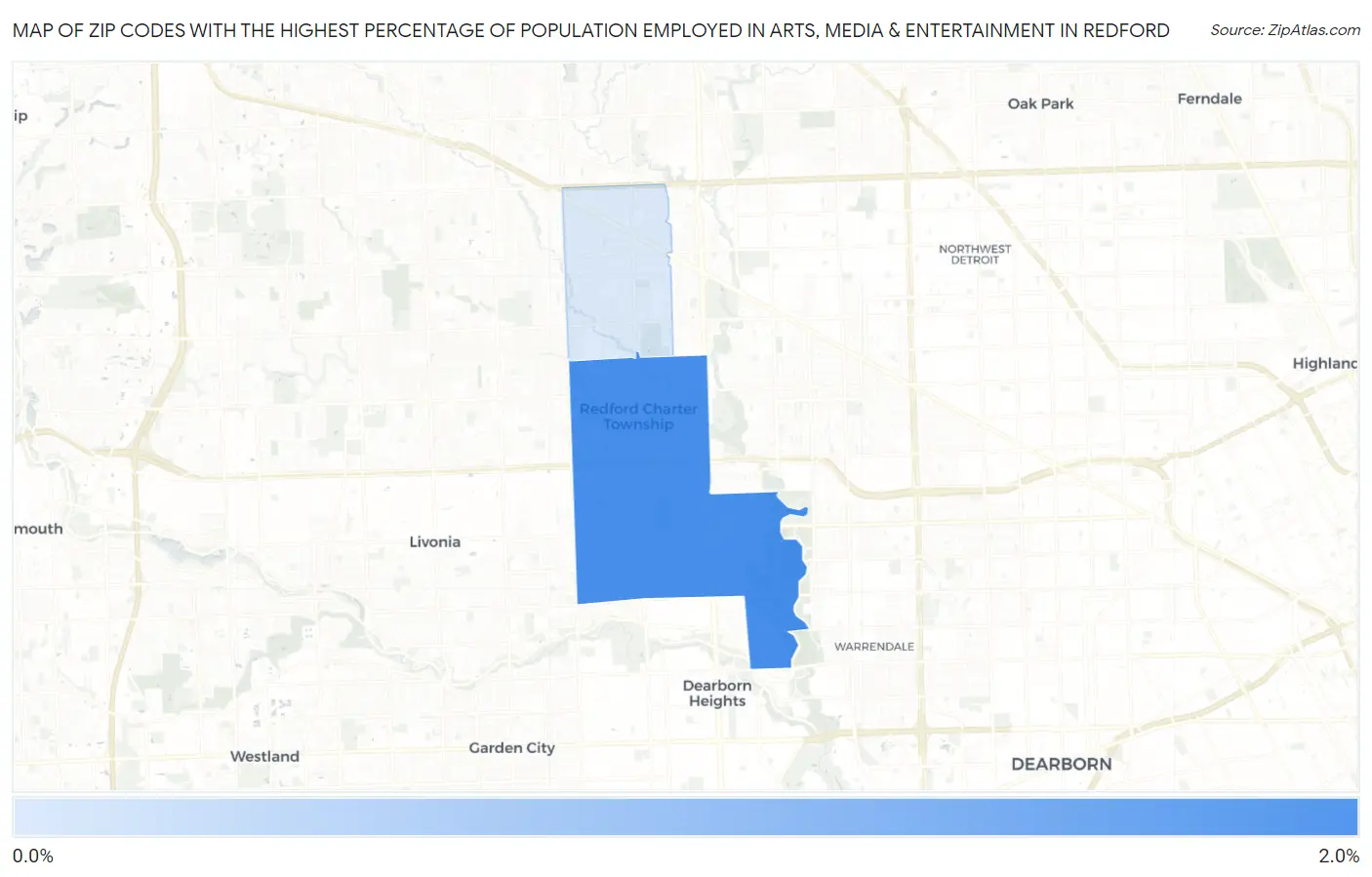 Zip Codes with the Highest Percentage of Population Employed in Arts, Media & Entertainment in Redford Map