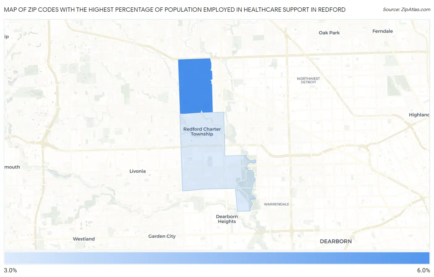 Zip Codes with the Highest Percentage of Population Employed in Healthcare Support in Redford Map