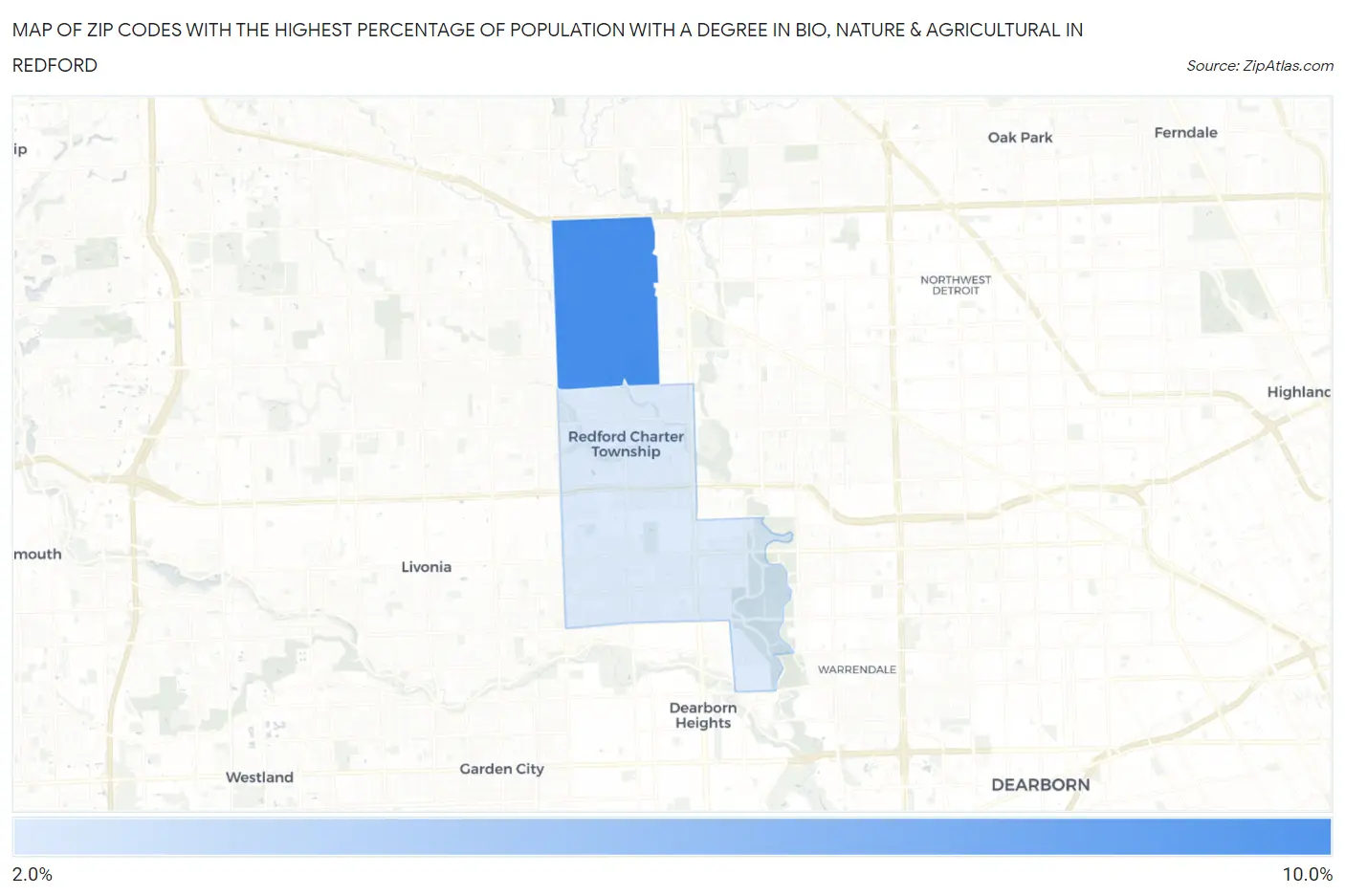 Zip Codes with the Highest Percentage of Population with a Degree in Bio, Nature & Agricultural in Redford Map