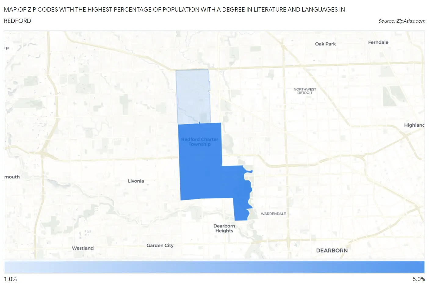 Zip Codes with the Highest Percentage of Population with a Degree in Literature and Languages in Redford Map