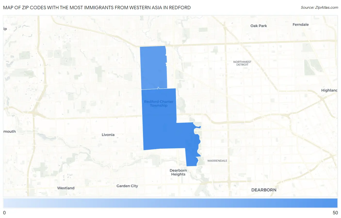 Zip Codes with the Most Immigrants from Western Asia in Redford Map