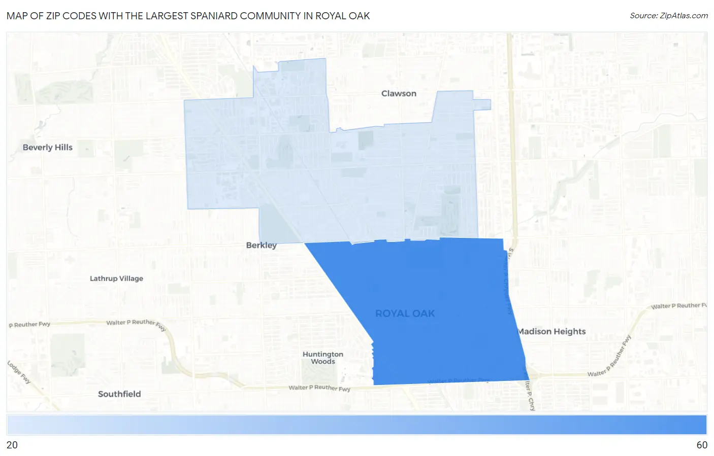 Zip Codes with the Largest Spaniard Community in Royal Oak Map