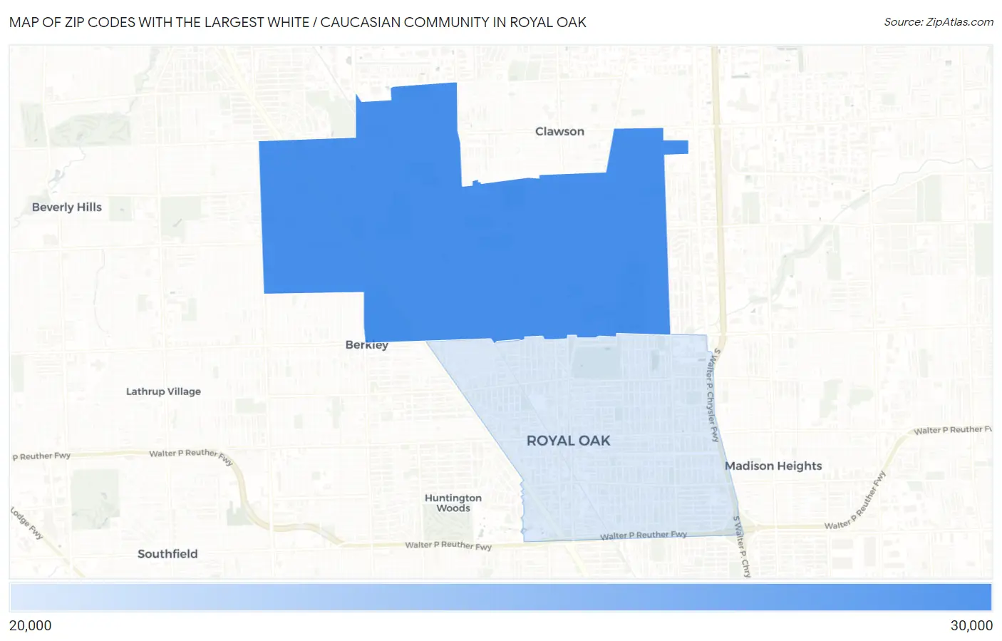 Zip Codes with the Largest White / Caucasian Community in Royal Oak Map