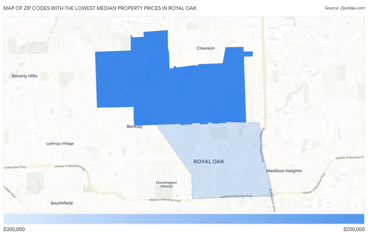 Zip Codes with the Lowest Median Property Prices in Royal Oak Map