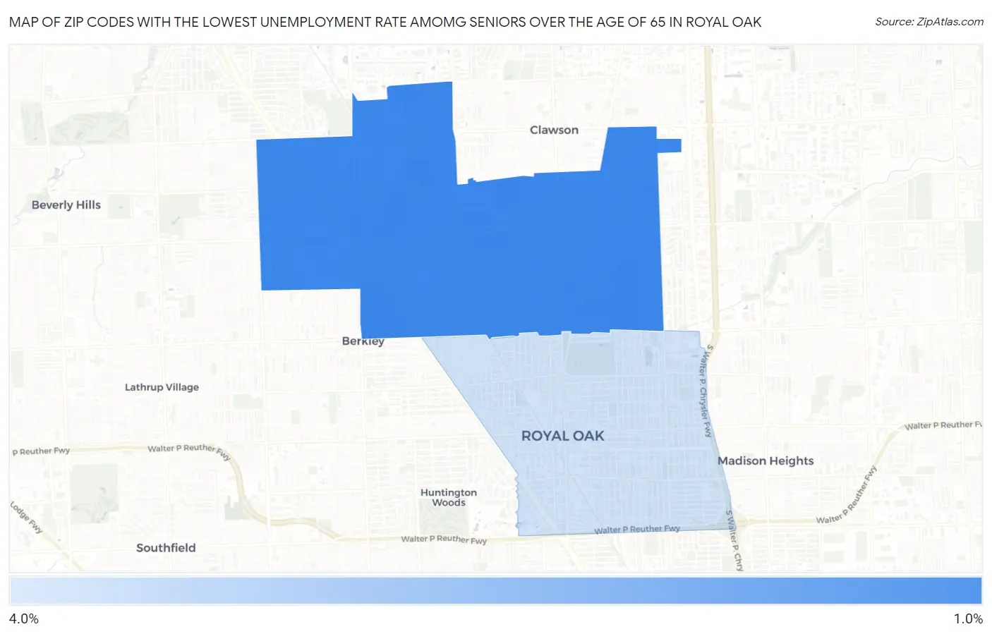 Zip Codes with the Lowest Unemployment Rate Amomg Seniors Over the Age of 65 in Royal Oak Map