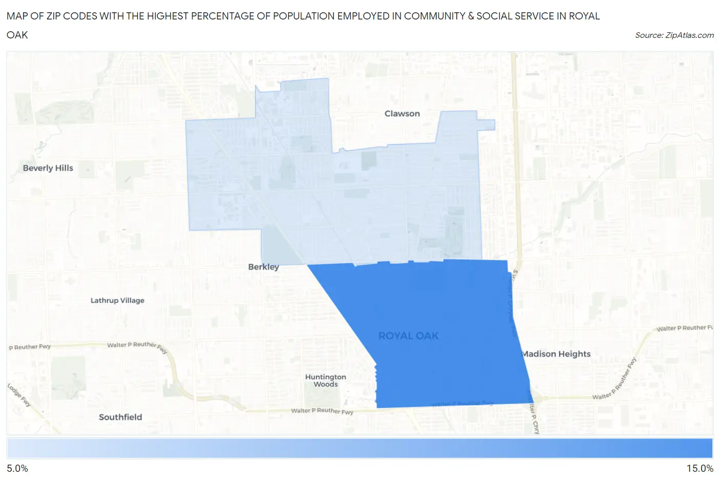 Zip Codes with the Highest Percentage of Population Employed in Community & Social Service  in Royal Oak Map