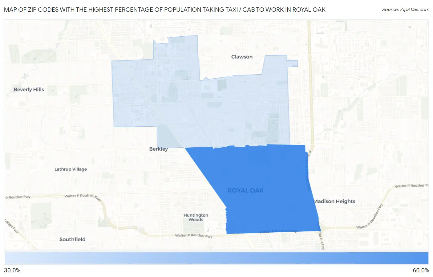 Zip Codes with the Highest Percentage of Population Taking Taxi / Cab to Work in Royal Oak Map
