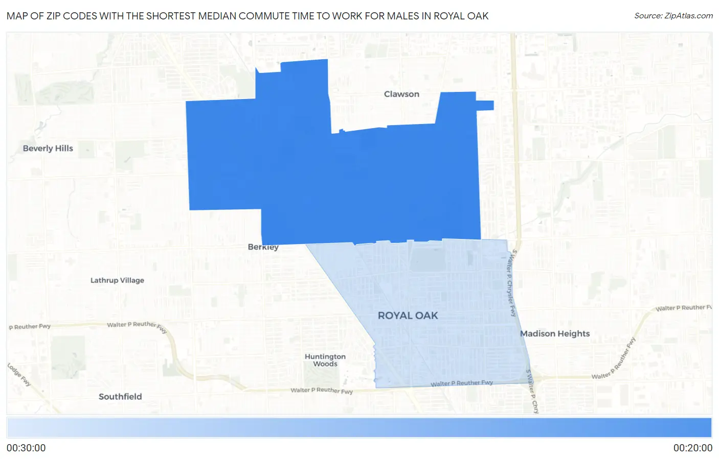 Zip Codes with the Shortest Median Commute Time to Work for Males in Royal Oak Map