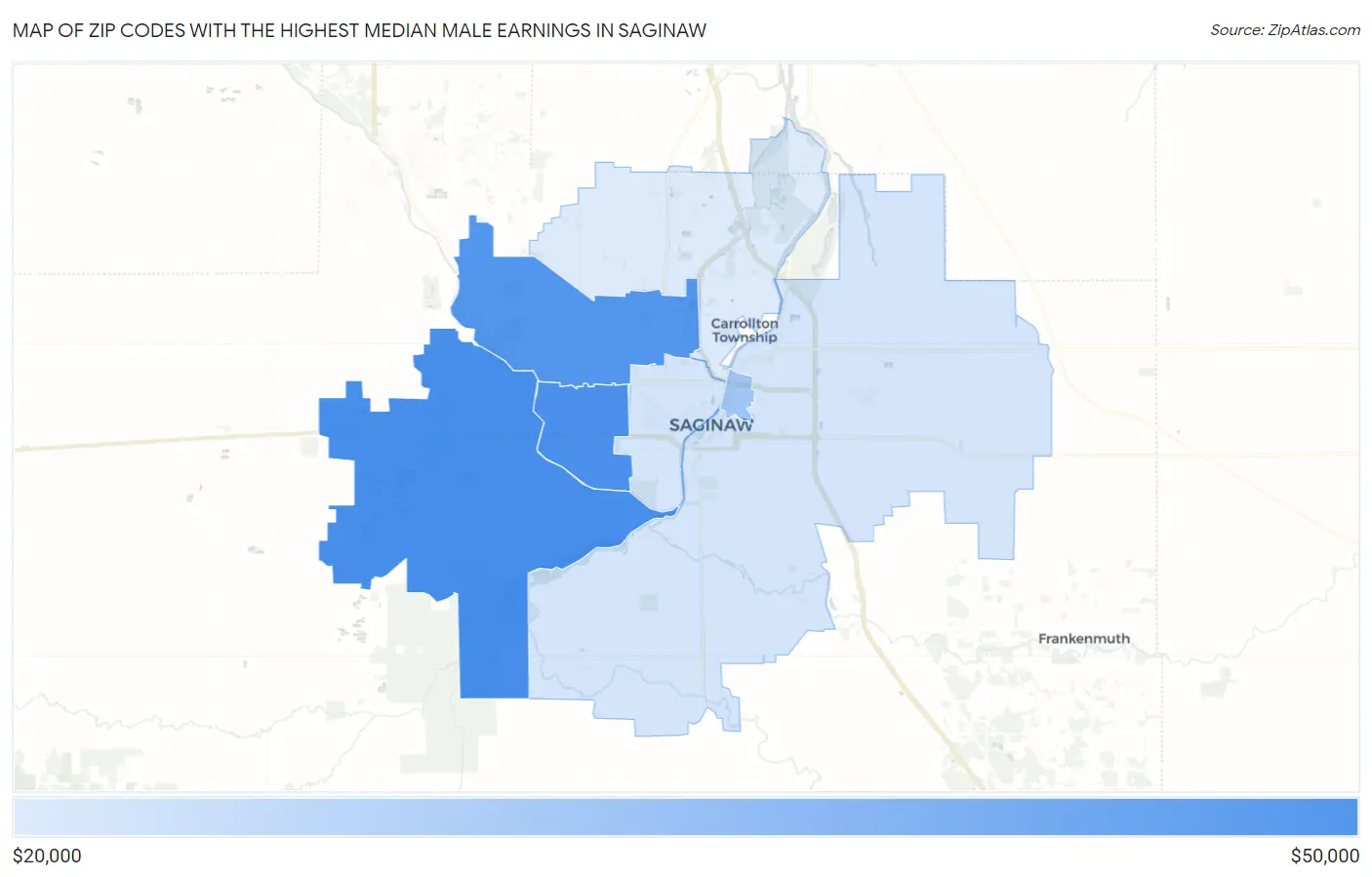 Zip Codes with the Highest Median Male Earnings in Saginaw Map