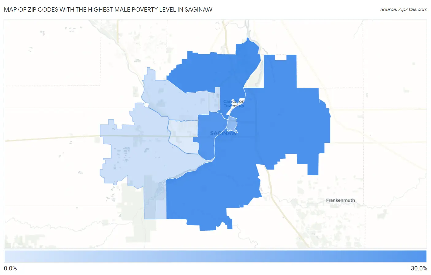 Zip Codes with the Highest Male Poverty Level in Saginaw Map
