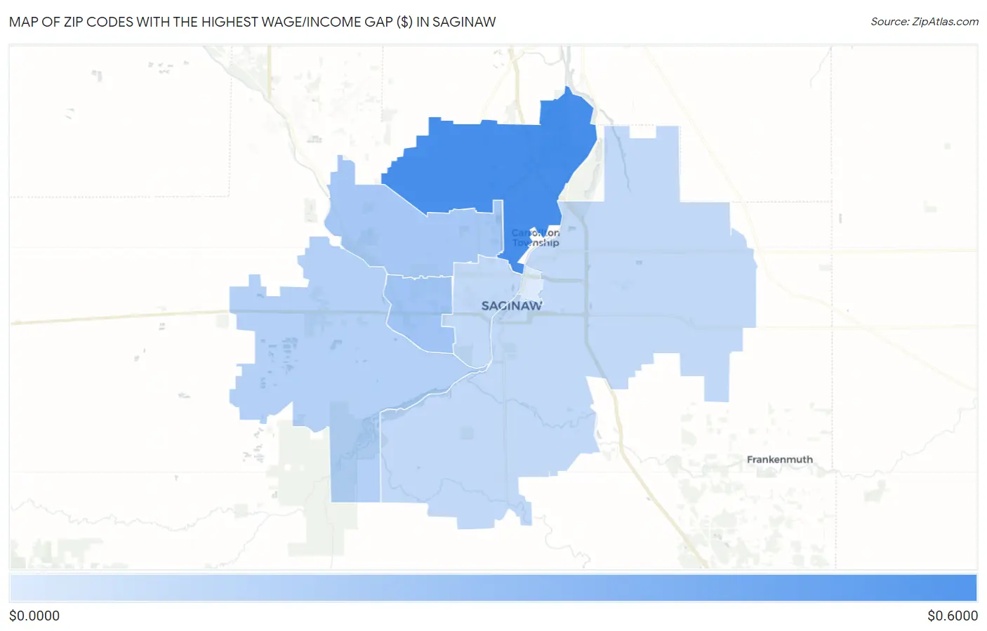 Zip Codes with the Highest Wage/Income Gap ($) in Saginaw Map