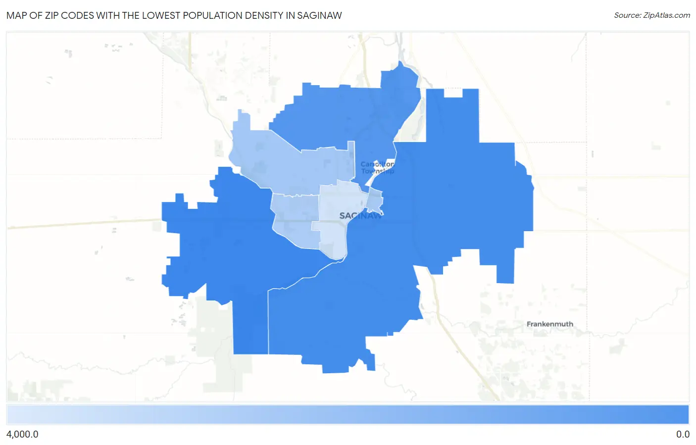 Zip Codes with the Lowest Population Density in Saginaw Map