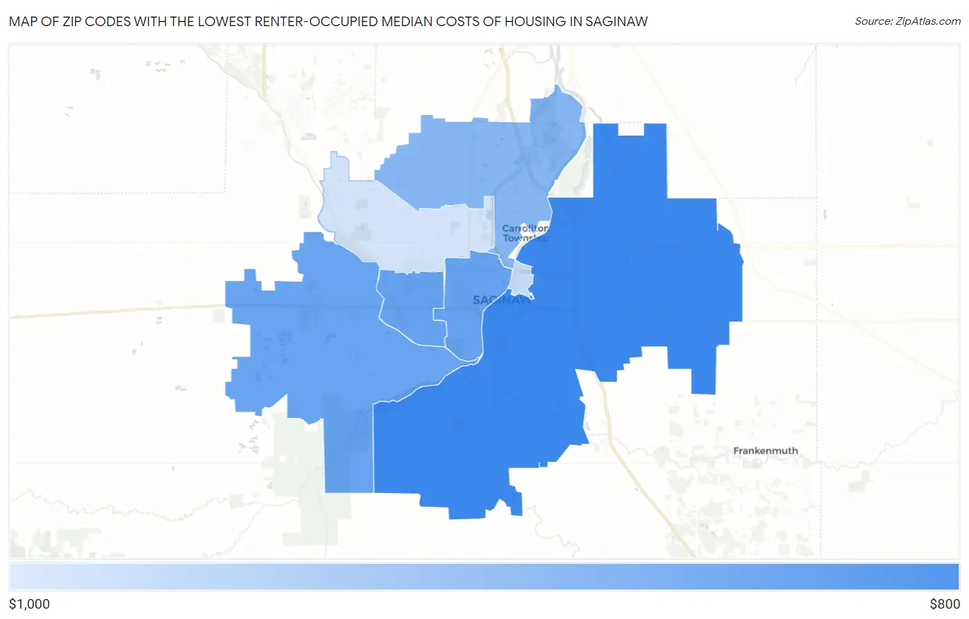 Zip Codes with the Lowest Renter-Occupied Median Costs of Housing in Saginaw Map