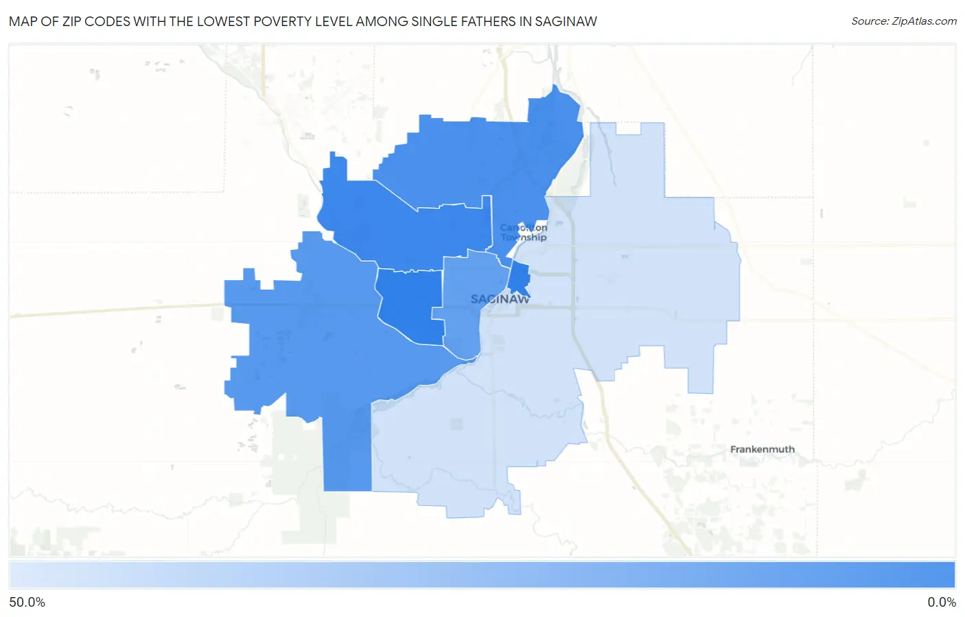 Zip Codes with the Lowest Poverty Level Among Single Fathers in Saginaw Map