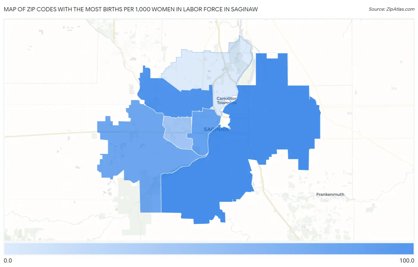 Zip Codes with the Most Births per 1,000 Women in Labor Force in Saginaw Map