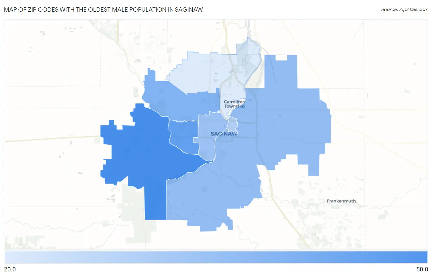 Zip Codes with the Oldest Male Population in Saginaw Map