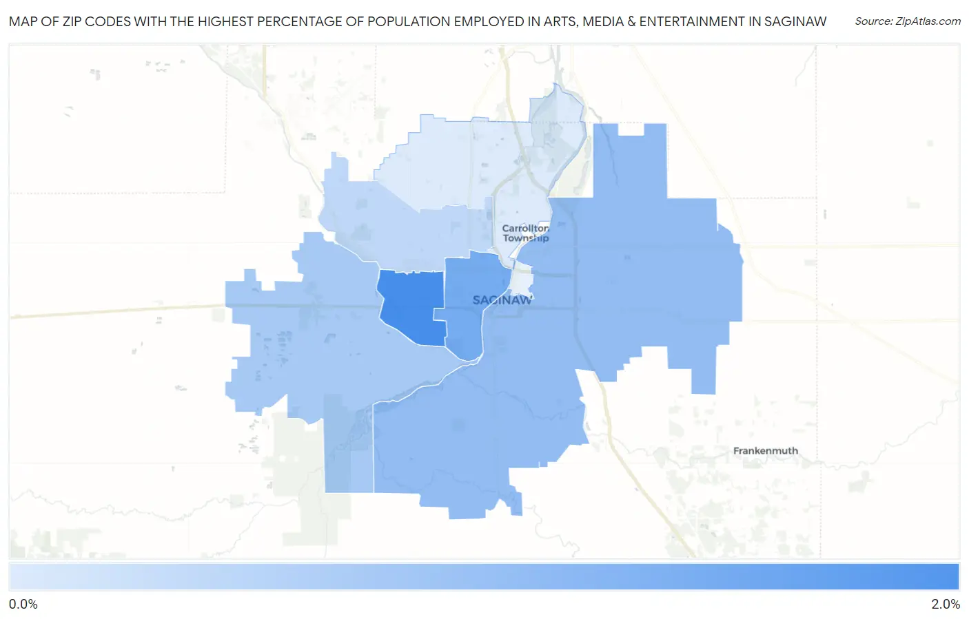 Zip Codes with the Highest Percentage of Population Employed in Arts, Media & Entertainment in Saginaw Map