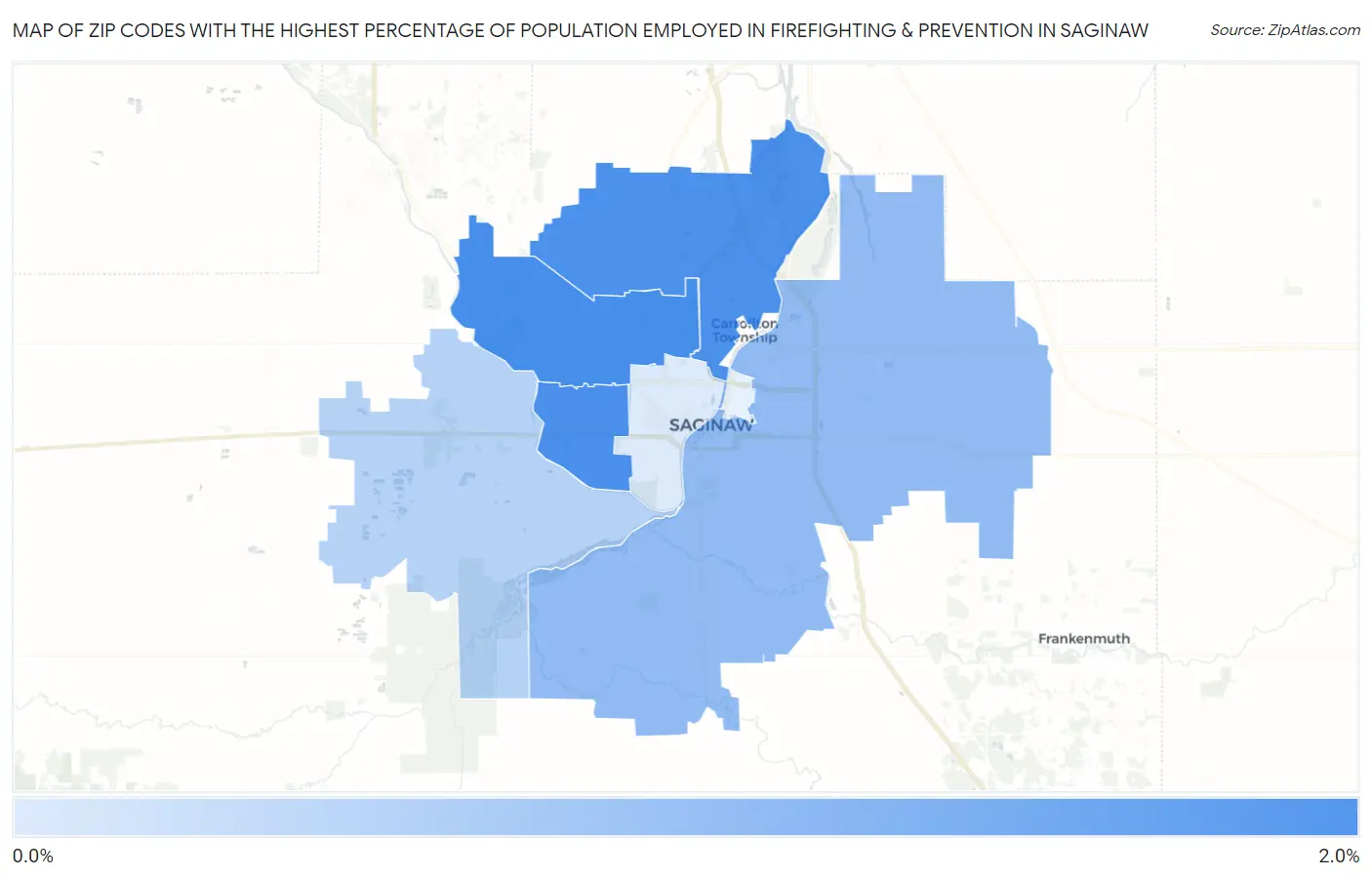 Zip Codes with the Highest Percentage of Population Employed in Firefighting & Prevention in Saginaw Map