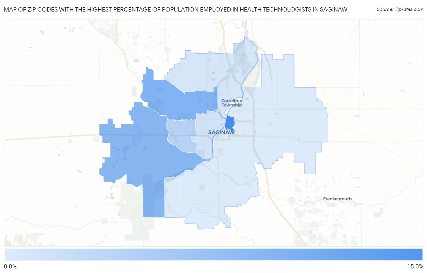 Zip Codes with the Highest Percentage of Population Employed in Health Technologists in Saginaw Map