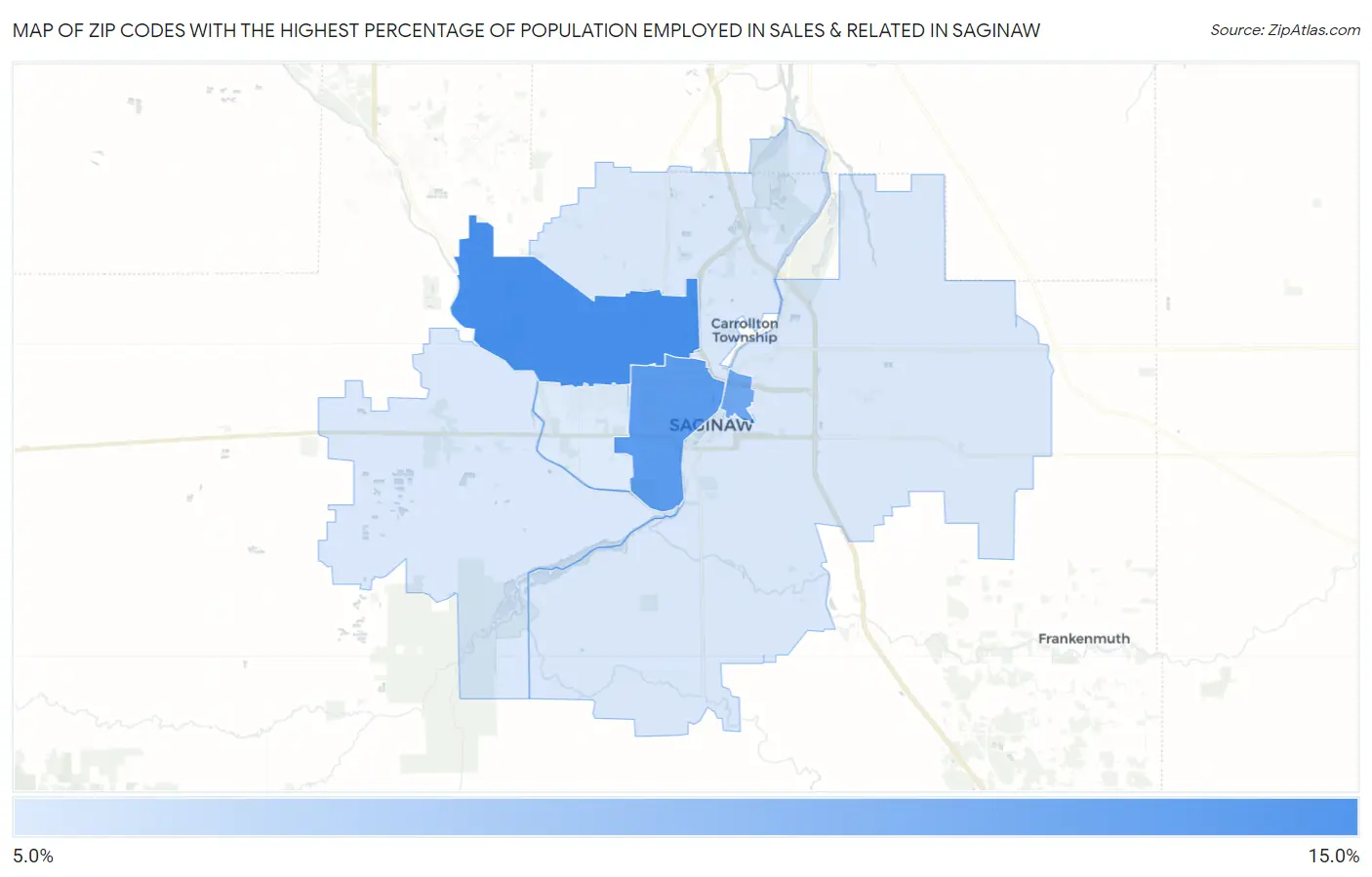Zip Codes with the Highest Percentage of Population Employed in Sales & Related in Saginaw Map