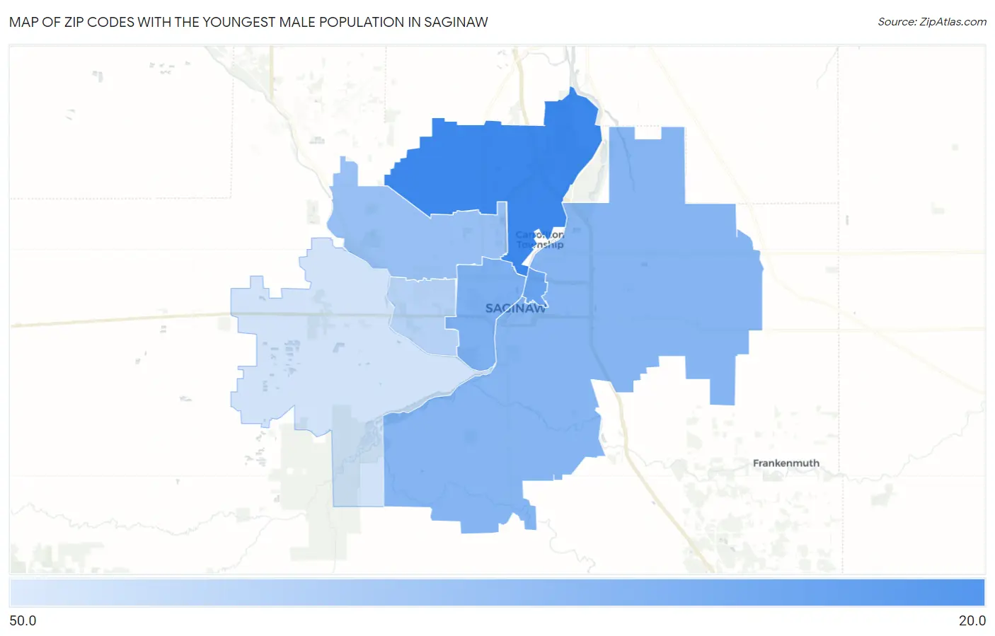Zip Codes with the Youngest Male Population in Saginaw Map