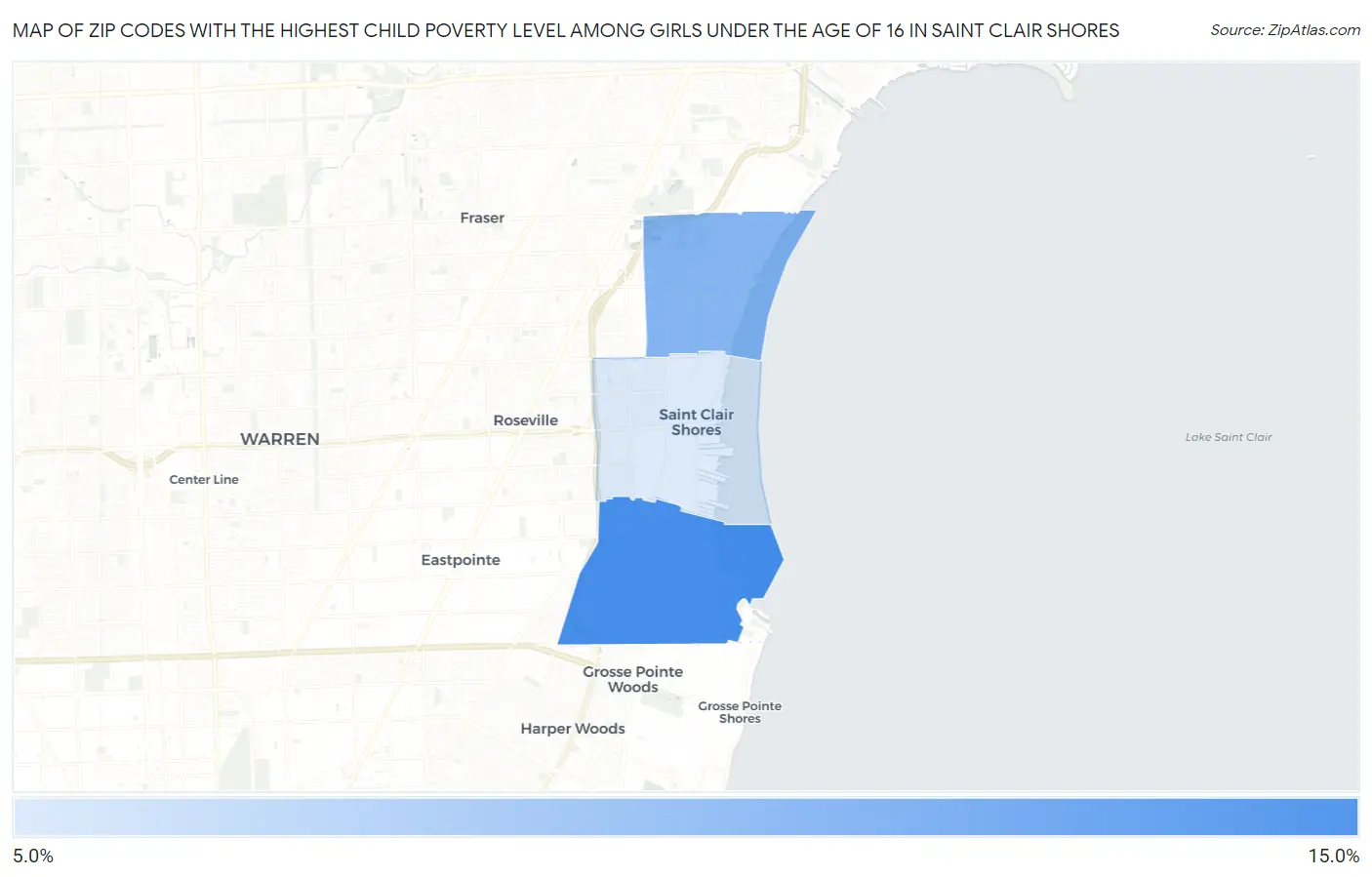 Zip Codes with the Highest Child Poverty Level Among Girls Under the Age of 16 in Saint Clair Shores Map