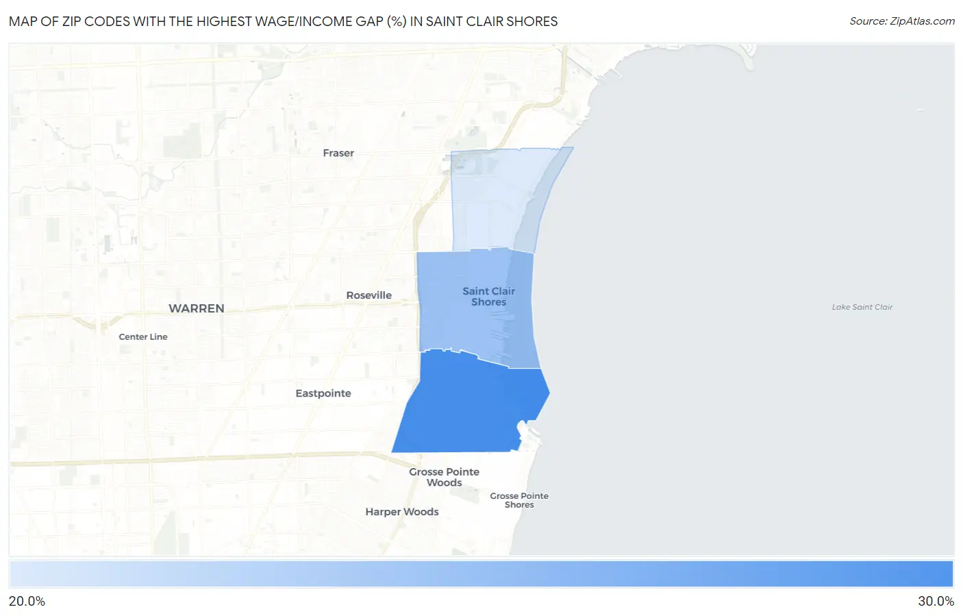 Zip Codes with the Highest Wage/Income Gap (%) in Saint Clair Shores Map