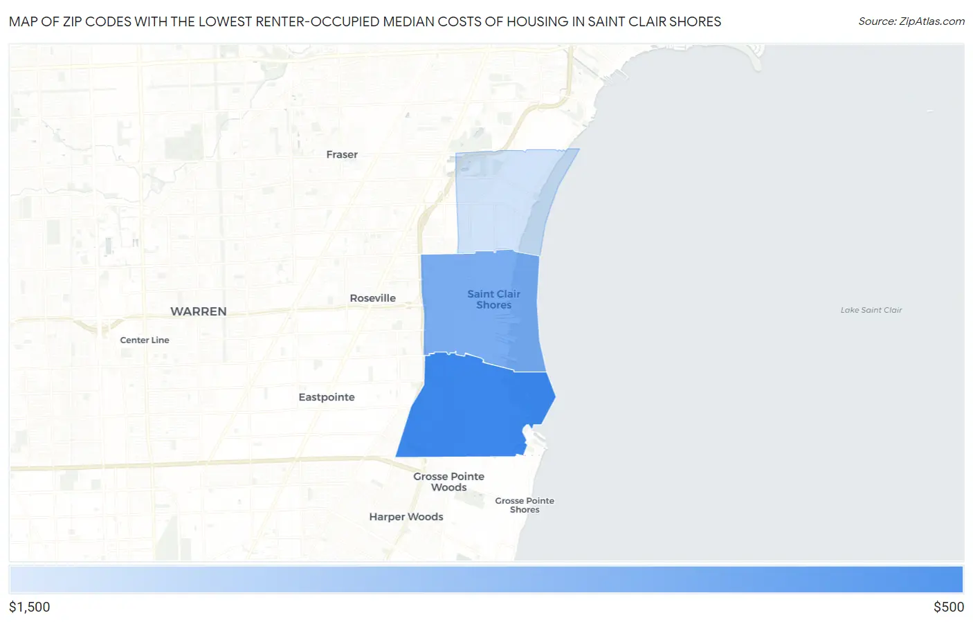Zip Codes with the Lowest Renter-Occupied Median Costs of Housing in Saint Clair Shores Map