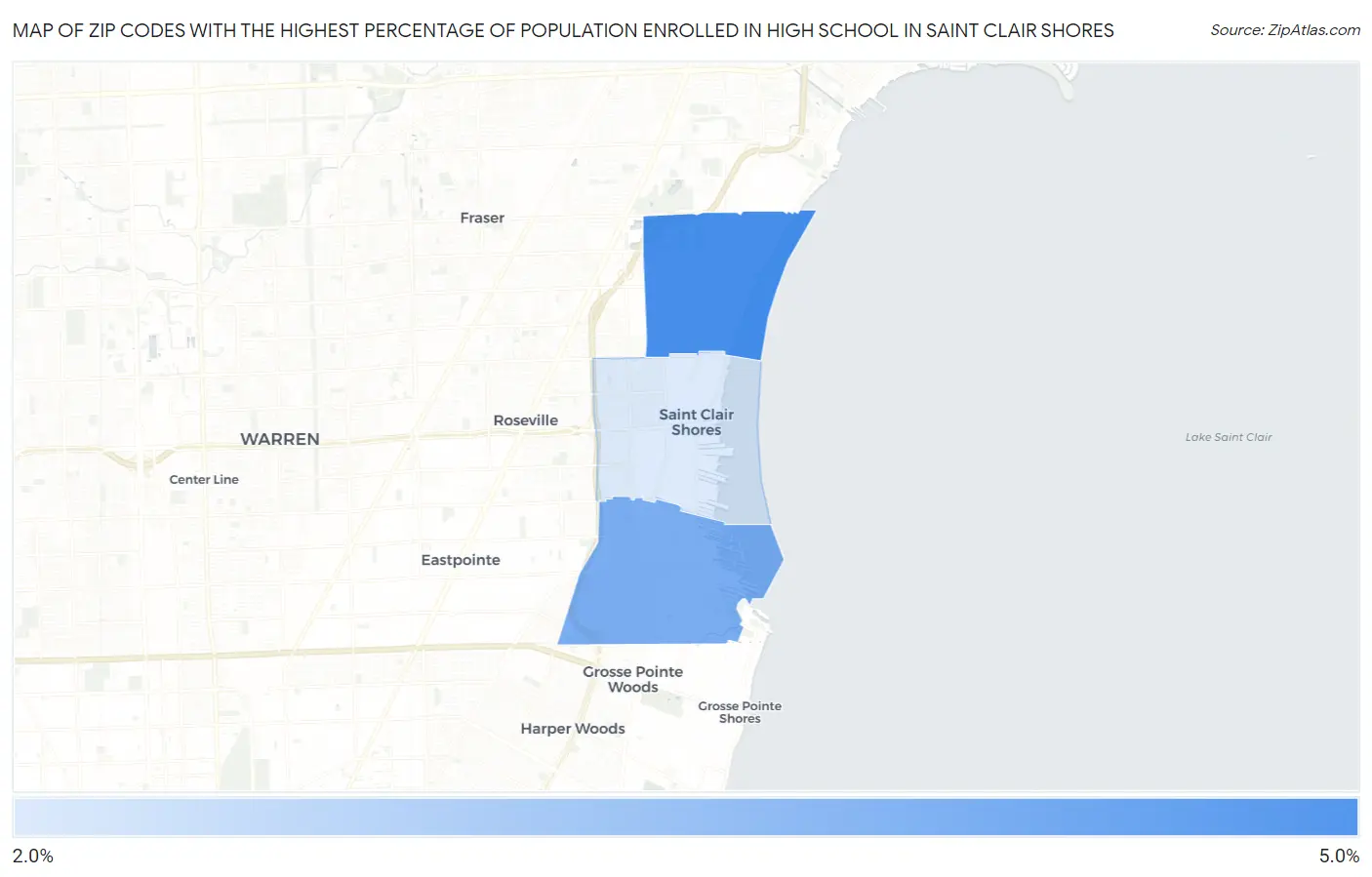 Zip Codes with the Highest Percentage of Population Enrolled in High School in Saint Clair Shores Map