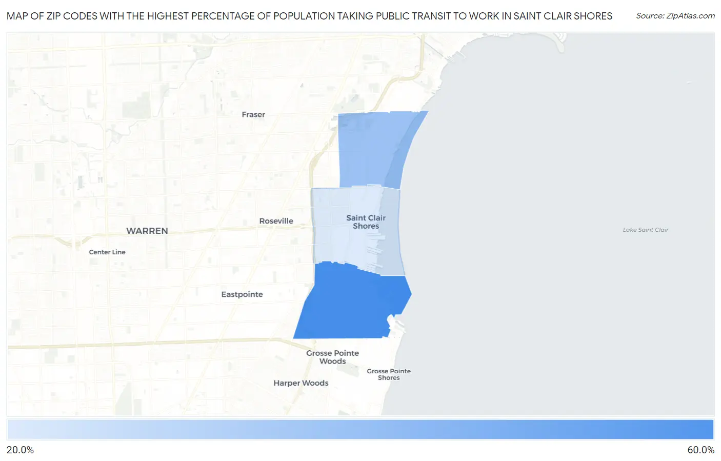Zip Codes with the Highest Percentage of Population Taking Public Transit to Work in Saint Clair Shores Map