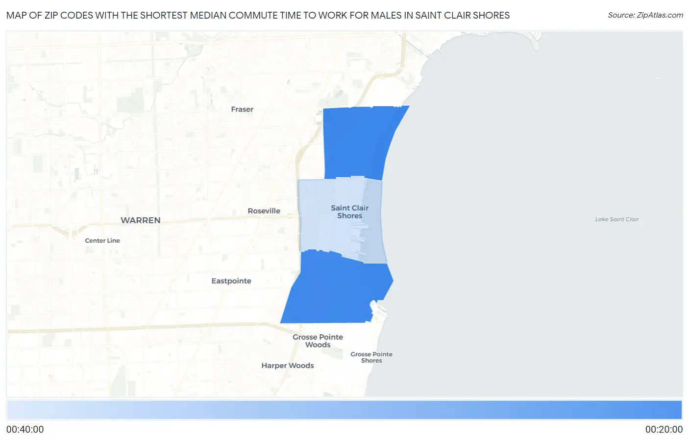 Zip Codes with the Shortest Median Commute Time to Work for Males in Saint Clair Shores Map