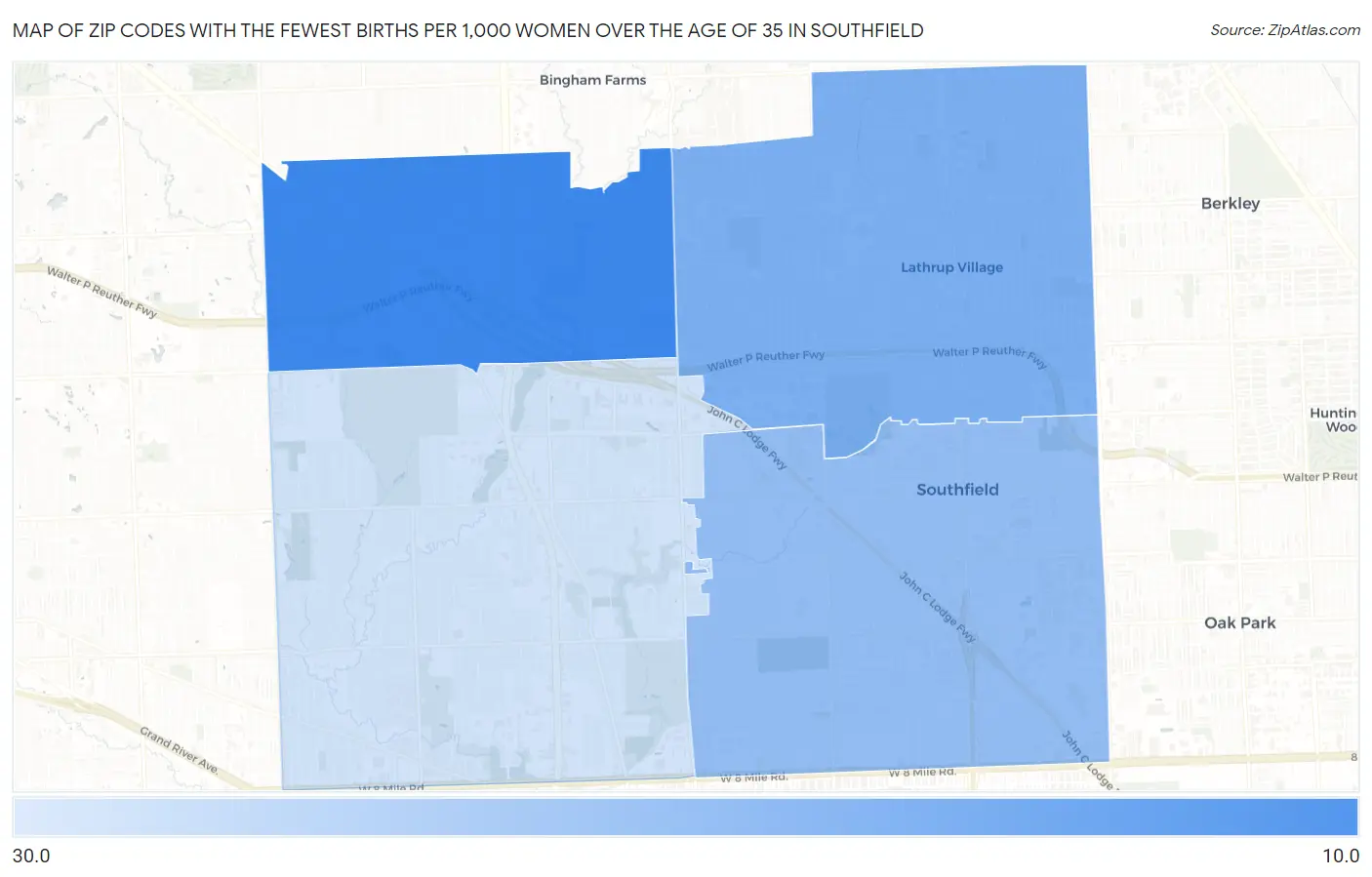 Zip Codes with the Fewest Births per 1,000 Women Over the Age of 35 in Southfield Map