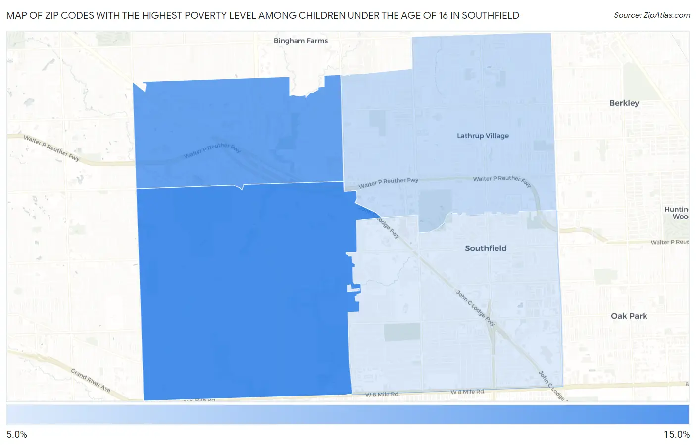 Zip Codes with the Highest Poverty Level Among Children Under the Age of 16 in Southfield Map