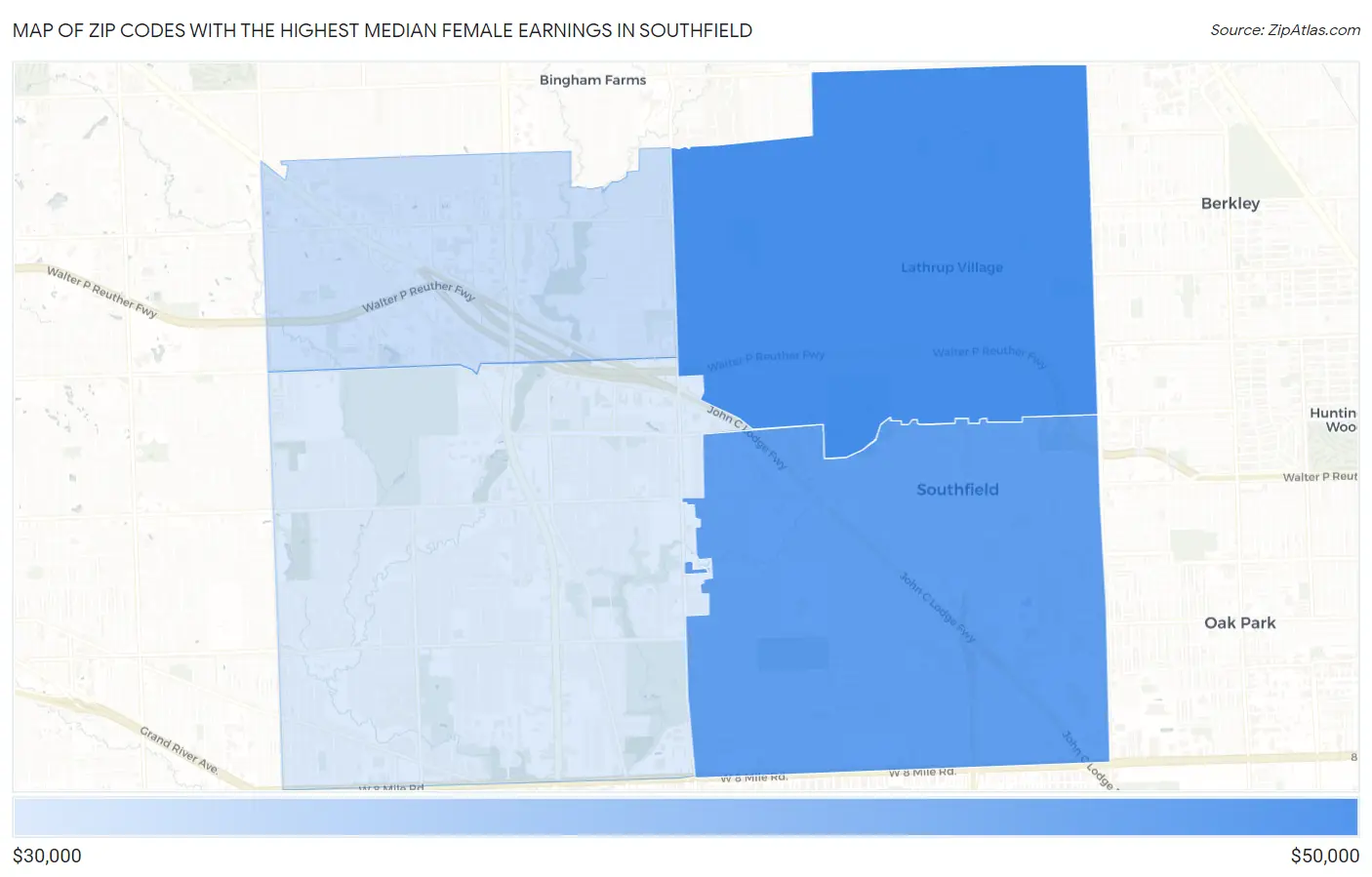 Zip Codes with the Highest Median Female Earnings in Southfield Map