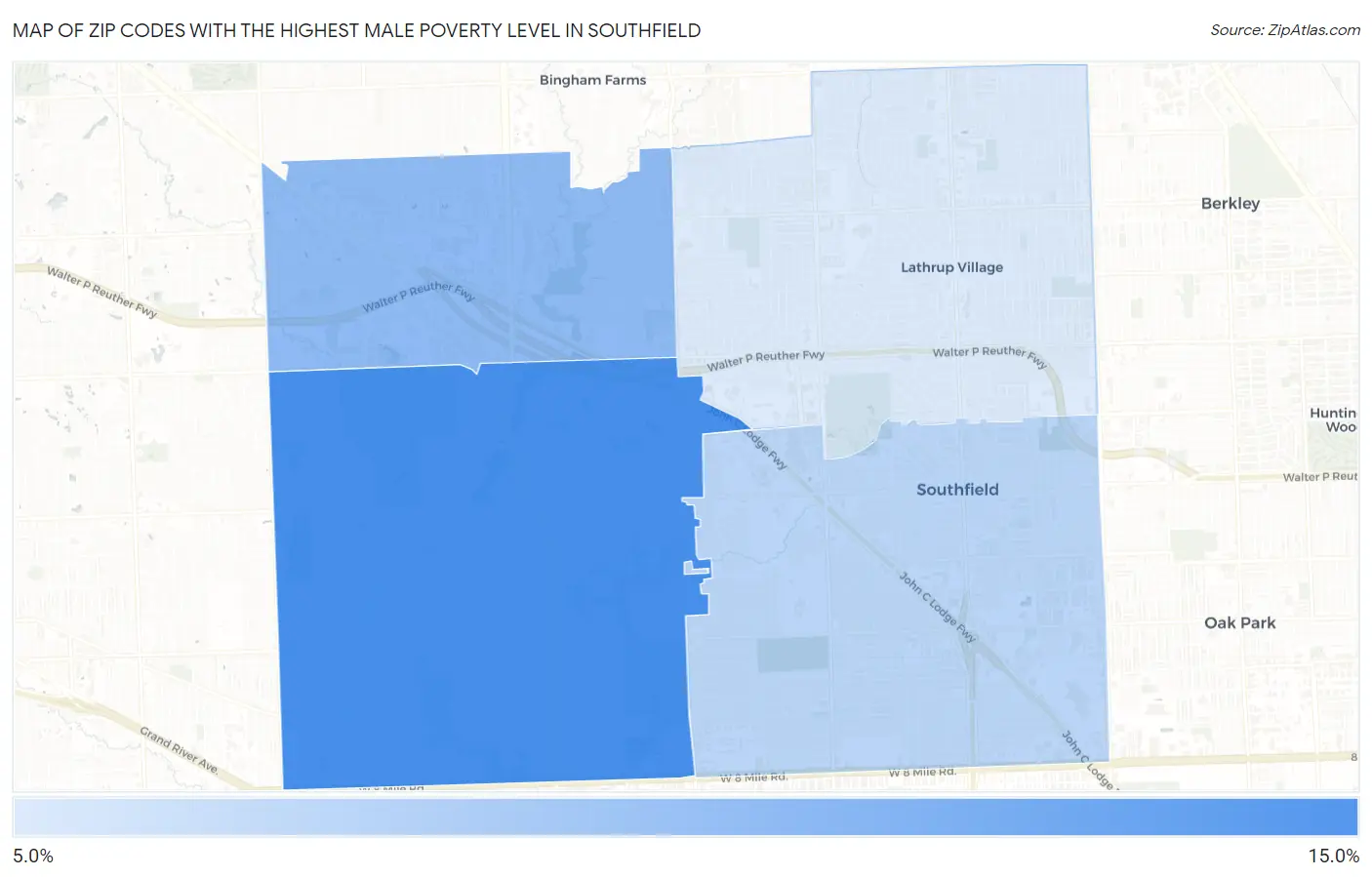 Zip Codes with the Highest Male Poverty Level in Southfield Map