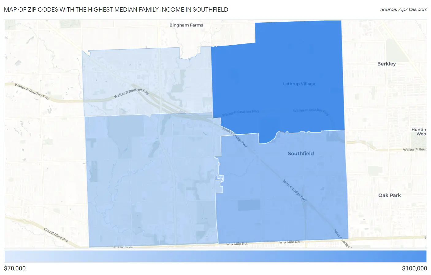 Zip Codes with the Highest Median Family Income in Southfield Map
