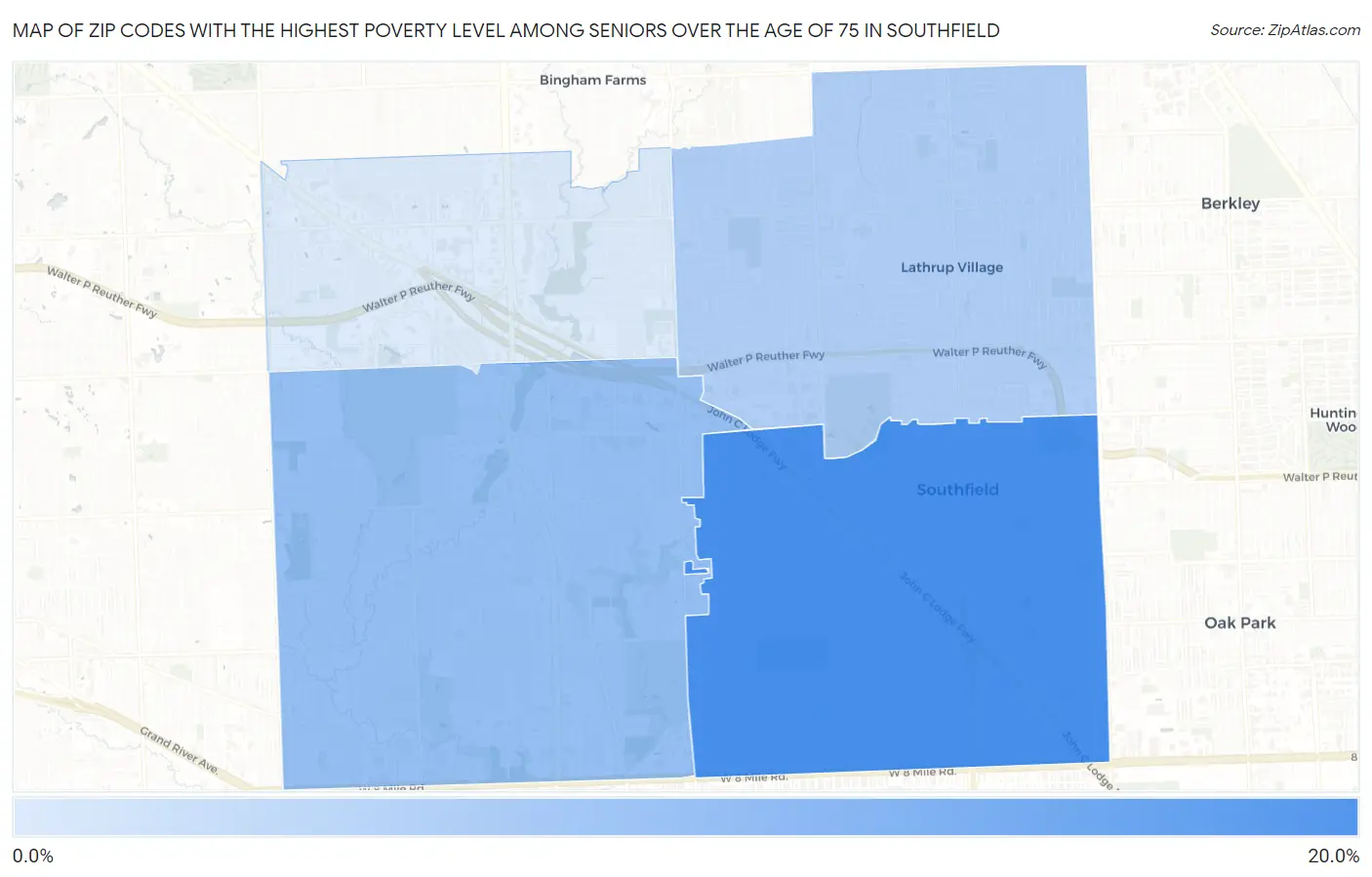Zip Codes with the Highest Poverty Level Among Seniors Over the Age of 75 in Southfield Map