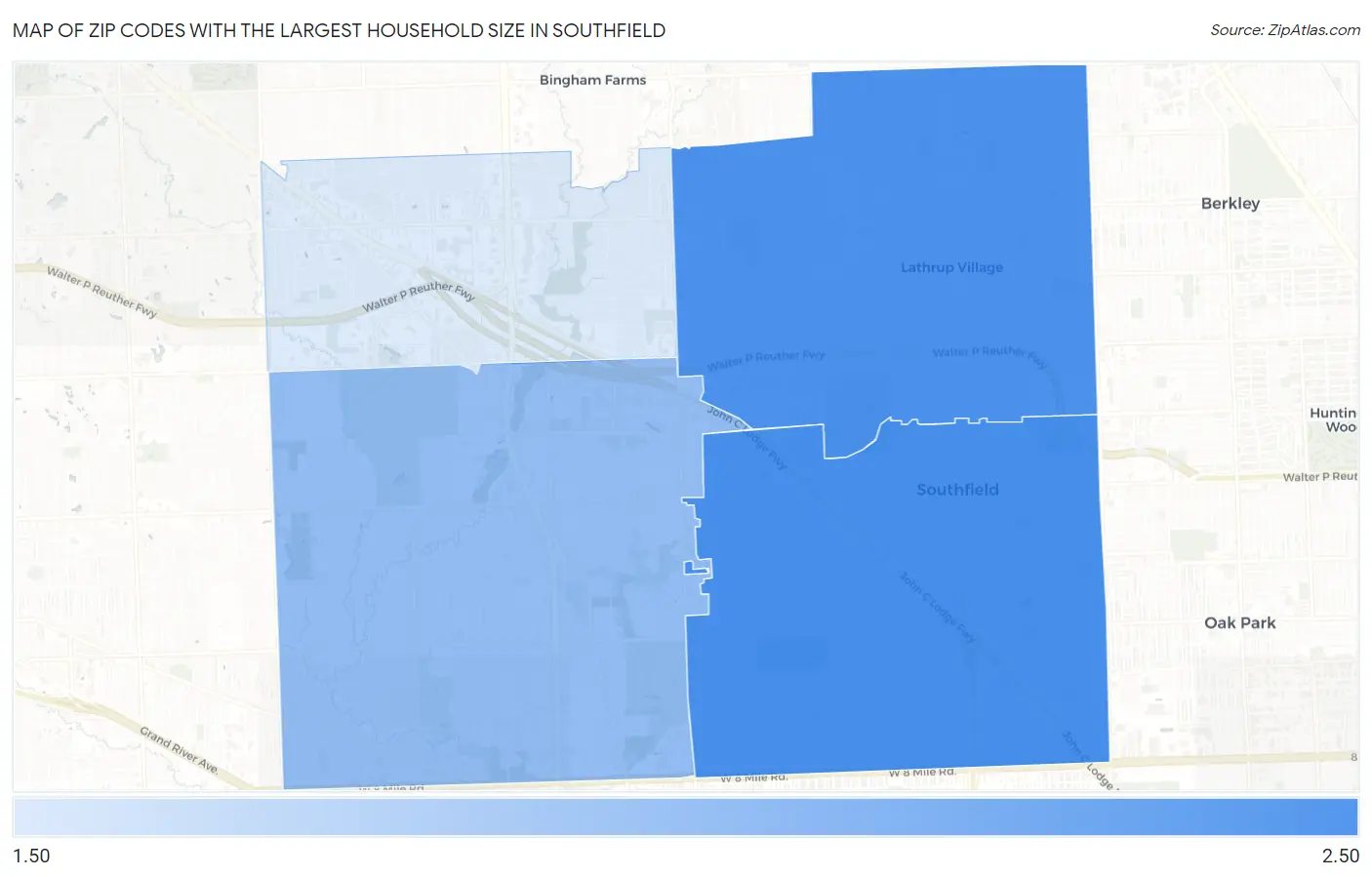Zip Codes with the Largest Household Size in Southfield Map