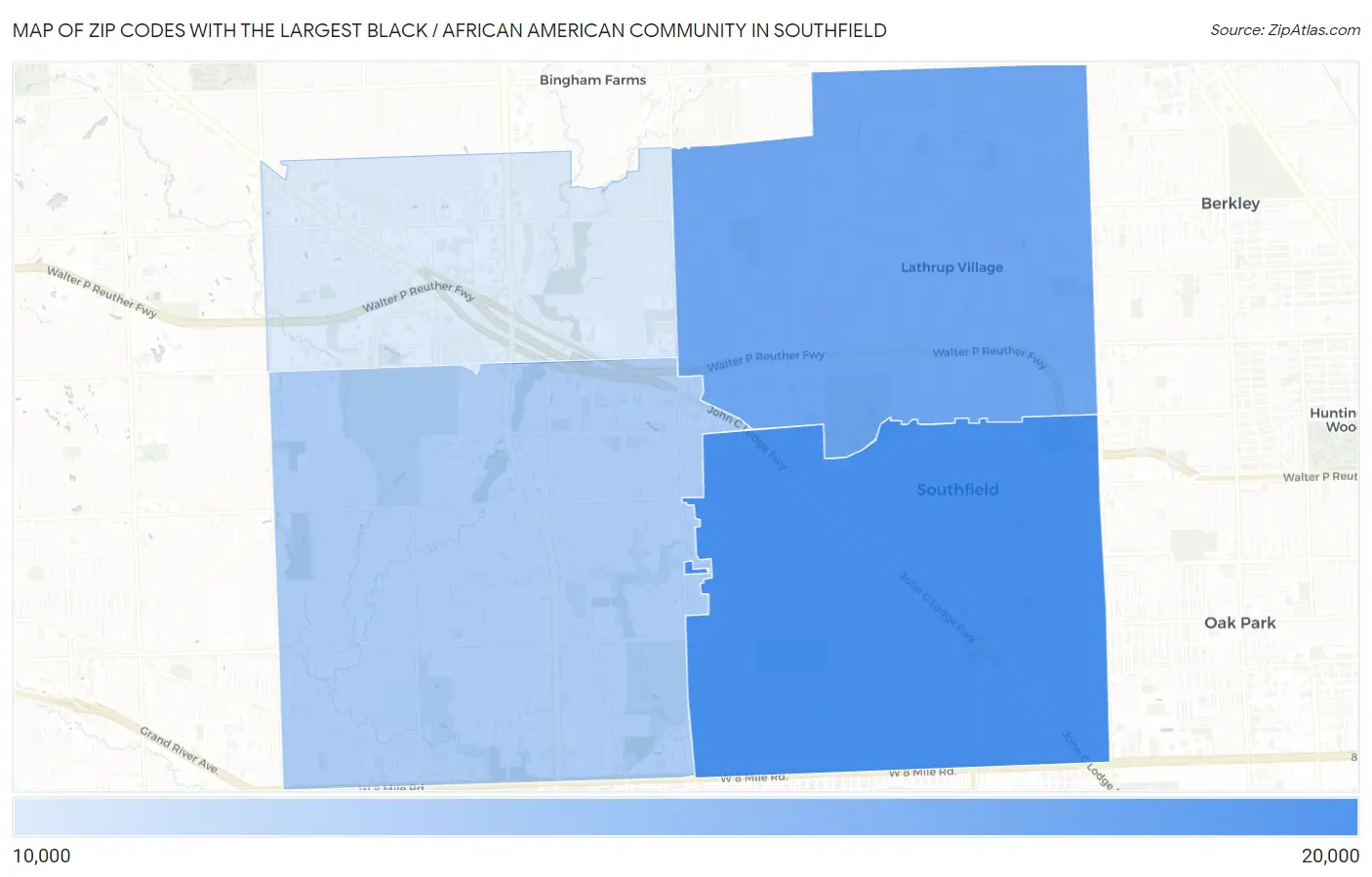 Zip Codes with the Largest Black / African American Community in Southfield Map