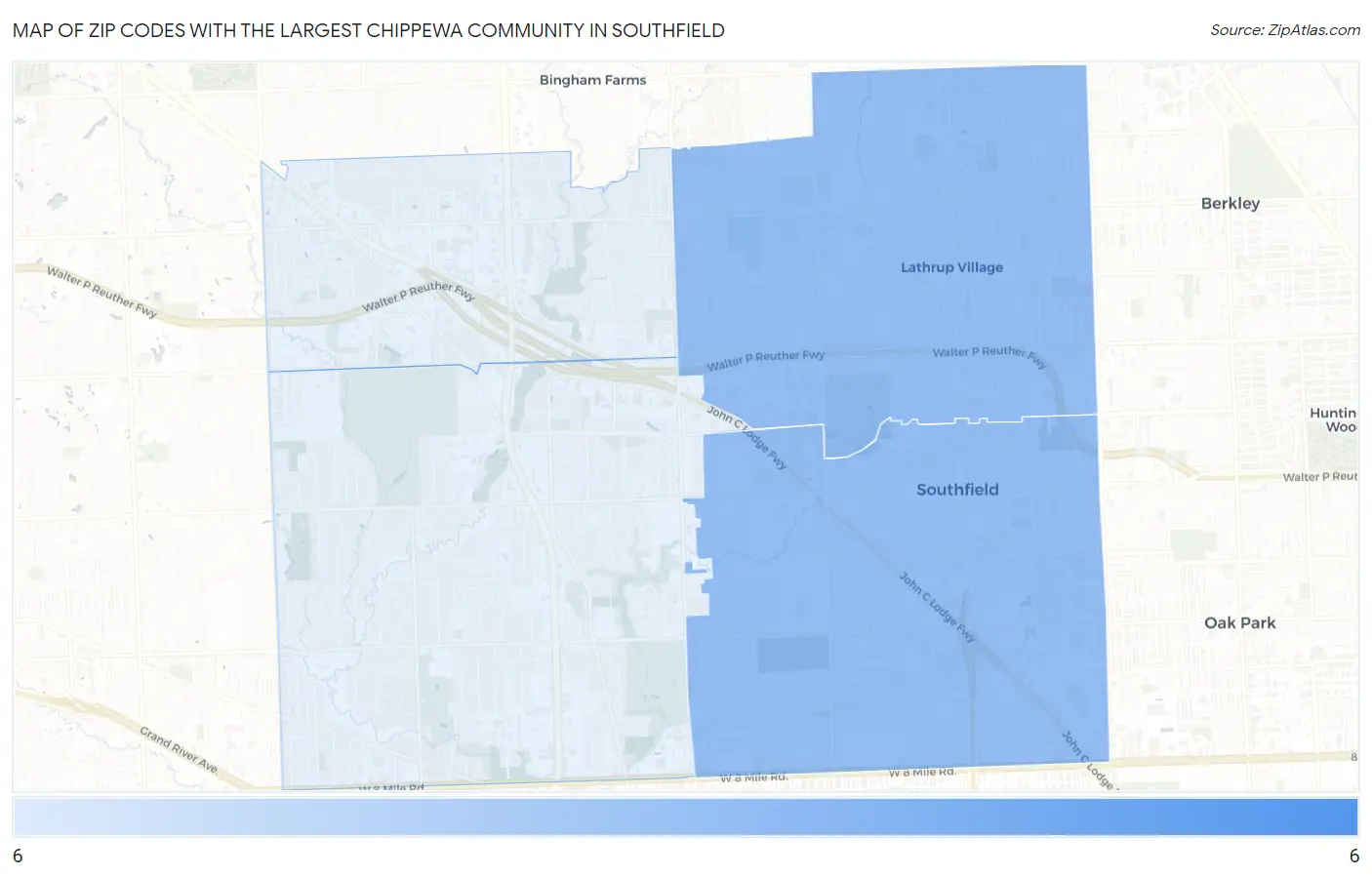 Zip Codes with the Largest Chippewa Community in Southfield Map